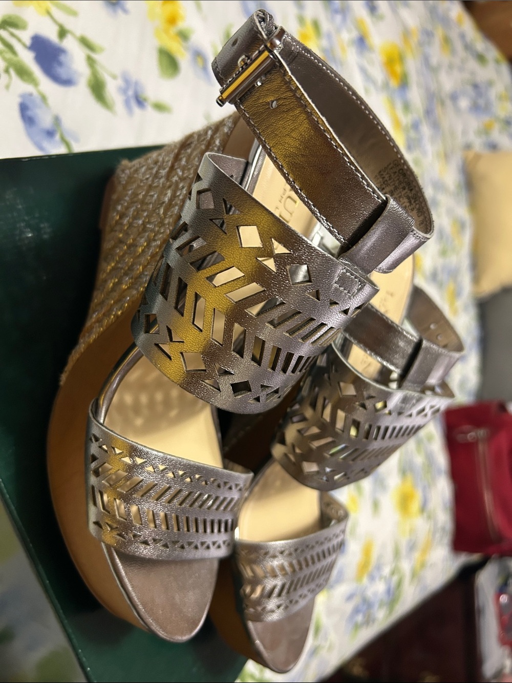Ralph Lauren Metallic Silver Laser-Cut Wedge Sandals